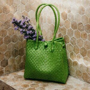 🟩 Darla Recycled Plastic Woven Tote – Lime Green Sustainable • Handmade • Light